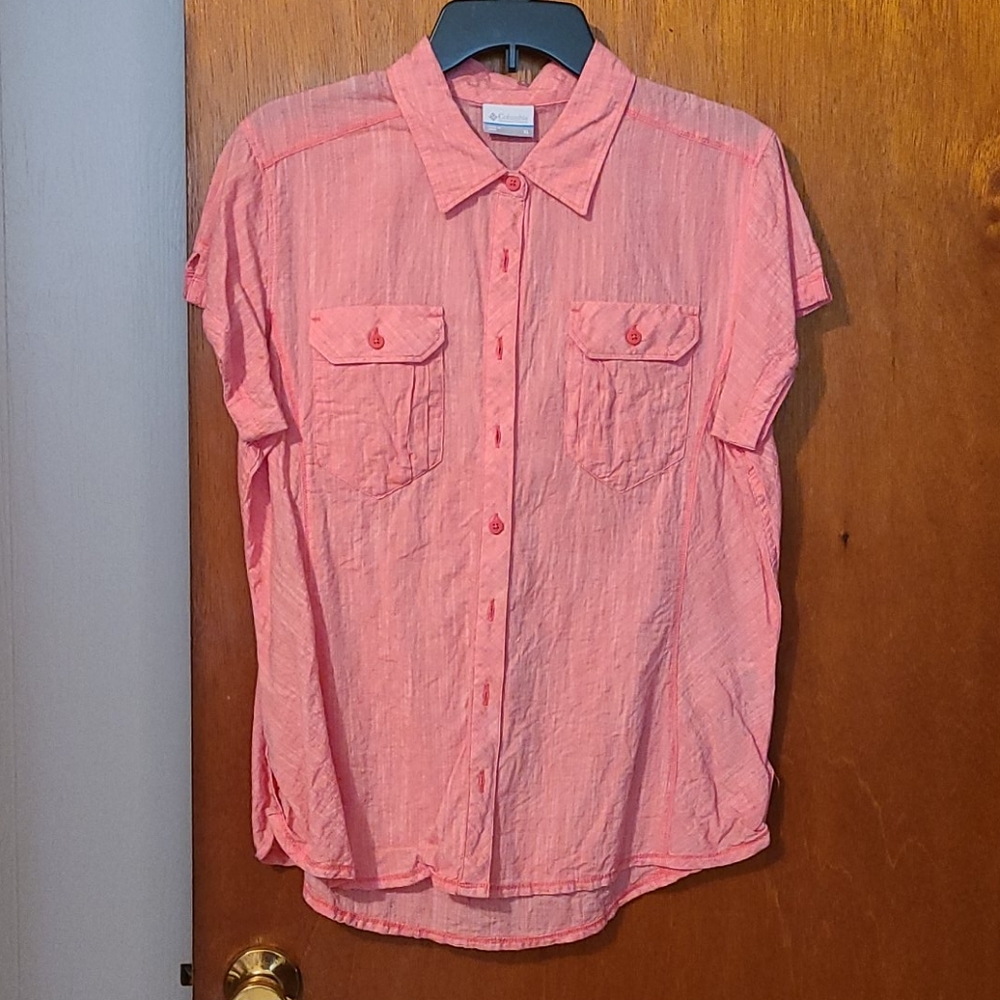 Columbia‎ Women's Pink SS Collared Button Front 100% Cotton Shirt SZ XL